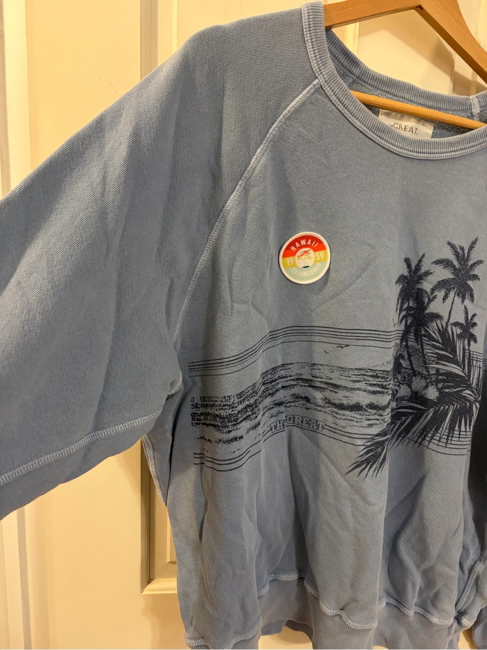 THE GREAT. Light Blue Palm Tree Graphic Crewneck Sweatshirt